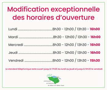 Changement temporaire des horaires de l'accueil physique de la CCBHV